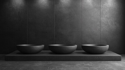 Fototapete - Three refined textured bowls sit on a smooth minimal podium in a modern space. The backdrop is dark and understated, creating an elegant aesthetic suitable for showcasing design