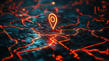 Wall Mural - digital map with neon location pin highlighting specific area on futuristic background