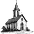 © Vintage Studio - Vintage Stone Church, Small Traditional Chapel, Woodcut Style, Delicate Black Sketch, Old Engraving Illustration, Rustic Religious Architecture, Antique Church Drawing, line art, etching