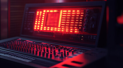 Illuminated electronic musical instrument with a glowing red screen and keyboard buttons.