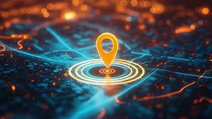 Wall Mural - vibrant gps location pin over abstract city map with light trails and data connections at night
