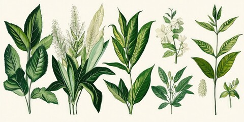Classic botany illustration of tropical plants in green and cream tones