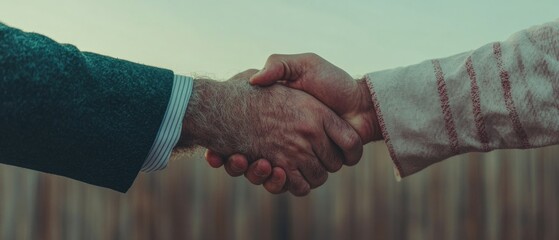 Leinwandbilder - Global Harmony Unveiled Intercultural Business Dialogue - Transformative Sunset Handshake Bridging Tradition and Modern Corporate Diplomacy
