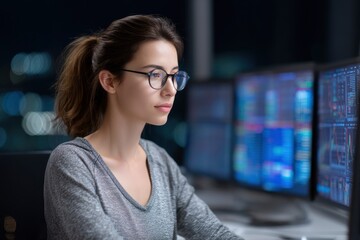 woman working on multiple computer screens at night