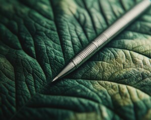 Poster - Eco-Precision Design Minimalist Silver Mechanical Pencil on Lush Green Botanical Leaf - Sustainable Creativity, Organic Texture, and Modern Workspace Inspiration
