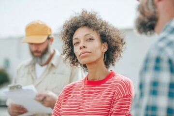 Leinwandbilder - Urban Resilience and Professional Diversity Empowered Gen Z Woman in Bold Striped Workwear Embodying Contemporary Workplace Collaboration and Inclusive Leadership Dynamics