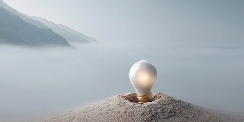 Poster - Illuminating Sustainability Glowing Light Bulb Emerging from Misty Terrain - Innovative Green Technology Visualization for Eco-Conscious Branding and Climate Solutions