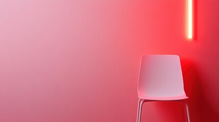 Fototapete - Minimalist Recovery Design Sleek White Chair in Vibrant Red Light Therapy Space - Wellness Innovation and Modern Ergonomic Healing Environments