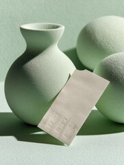 Poster - Minimalist Ceramic Ticket Display Sage Green Sculptural Vessels with Textured Paper - Contemporary Art Direction for Event Marketing and Brand Storytelling
