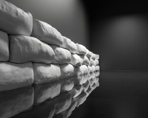 Poster - Climate Resilience Visualized Monochromatic Sandbag Barrier Symbolizing Urban Infrastructure Adaptation and Flood Protection Strategies for Sustainable Environments