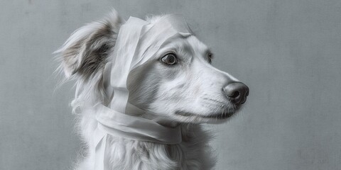 Poster - Minimalist Post-Digital Aesthetic Monochromatic Canine Portrait with Experimental Paper Texture - Contemporary Art Narrative of Emotional Vulnerability and Soft Industrial Design