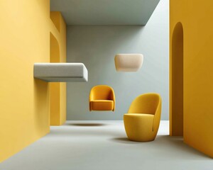 Poster - Minimalist Design Revolution Floating Geometric Furniture in Soft Yellow and Gray - Innovative Space Optimization for Modern Workplace Wellness