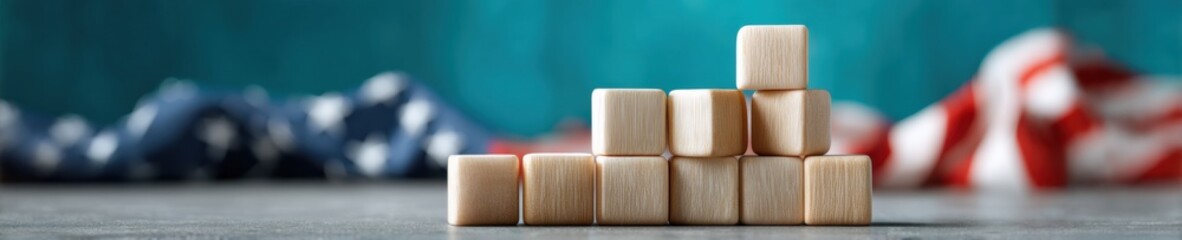 Poster - Economic Policy Insights Minimalist Wooden Blocks Visualizing Fiscal Strategy, Market Trends, and Governmental Financial Decision-Making in High-Resolution Infographic Style