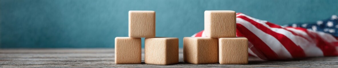 Leinwandbilder - Fiscal Resilience Reimagined Minimalist Wooden Blocks Navigate Economic Policy with American Flag Symbolism - Financial Strategy Visualization
