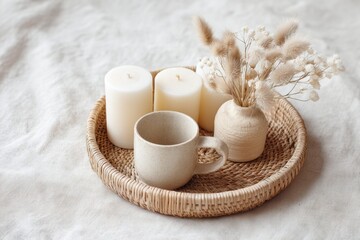 Aufkleber - Serene Slow Living Aesthetic Neutral Tone Rattan Tray with Artisanal Candles and Ceramic Decor - Mindful Home Styling for Modern Wellness Enthusiasts