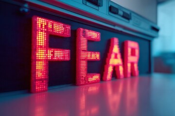 Fototapete - Digital Anxiety Visualization Neon Pixelated FEAR Typography in Cyberpunk Financial Dashboard - Emotional Tech Branding and Market Volatility Insights