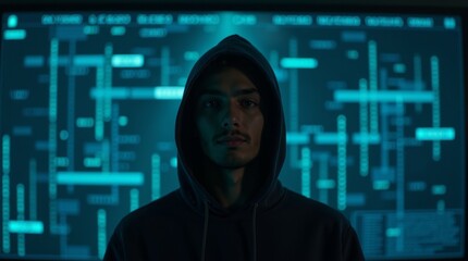 an image of a man in black against a screen with program code