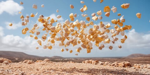 Aufkleber - Ethereal Culinary Art Dynamic Popcorn Explosion Against Desert Landscape - Cinematic Food for Modern Branding and Creative Marketing Content