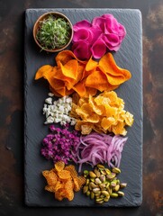 Poster - Culinary Fusion Artistry Gourmet Charcuterie Nachos Deconstructed - Vibrant Slate Platter Showcasing Innovative Food Styling and Modern Gastronomy Trends