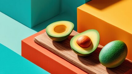 Poster - Minimalist Wellness Palette Vibrant Geometric Avocado Composition Showcasing Nutrient-Dense Superfoods in Contemporary Food