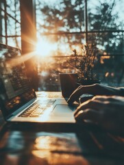 Aufkleber - Golden Hour Productivity Minimalist Remote Work Aesthetic - Inspiring Digital Nomad Workspace with Soft Natural Lighting and Modern Laptop Setup