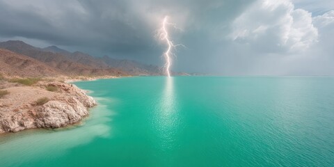 Poster - Climate Crisis Visualization Epic Lightning Storm Over Turquoise Desert Lake - Dramatic Environmental Storytelling for Sustainable Tourism and Immersive Digital Content Marketing