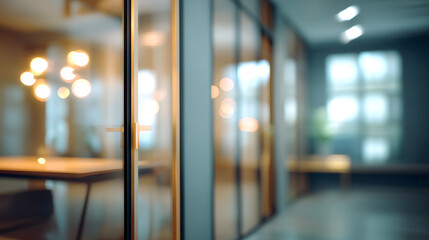 Dynamic office scene featuring blurred background and doorway modern business environment close-up view