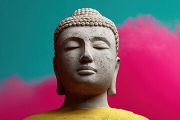 Poster - Mindful Aesthetics Serene Buddha Sculpture in Vibrant Pop Art Style - Wellness Branding for Mental Health and Digital Meditation Experiences
