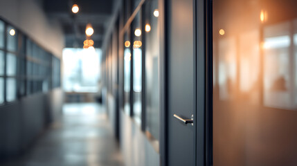 Dynamic office environment with blurred background and door modern business space professional setting