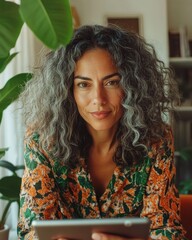 Leinwandbilder - Digital Empowerment Meets Inclusive Design Mature Hispanic Professional Leveraging Tech with Confidence in Vibrant Home Office Workspace