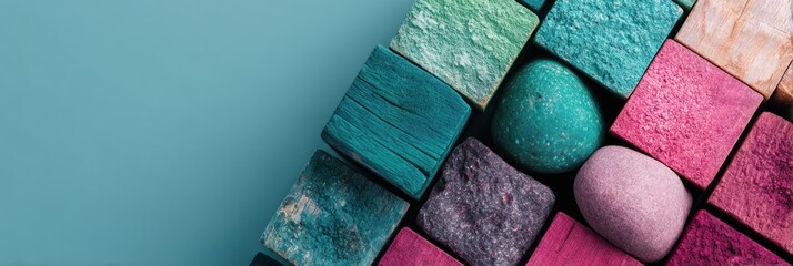 Poster - Circular Economy Visualization Innovative Wooden Blocks in Gradient Teal, Pink, and Stone - Sustainable Business Strategy and Carbon Neutrality Concept Art
