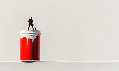 Poster - Minimalist Workspace Transformation Innovative Painting Design with Dynamic Red Paint Can - Creative Professional Renovation Concept for Modern Business Environments