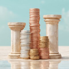 Poster - Minimalist Financial Elevation Strategic Coin Stacking with Classical Architectural Pillars - Innovative Wealth Management and Investment Growth Visualization