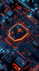 Leinwandbilder - Circuit Board Closeup with Glowing Orange Outlines and Cyan Details on Dark Surface