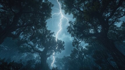 A dimly lit forest canopy under heavy rainfall