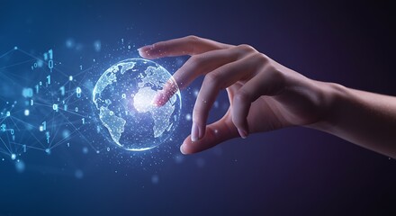 Hand delicately holding a digital globe amidst floating binary code on dark blue background