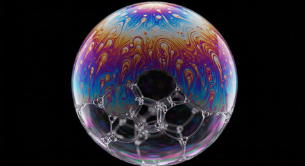 Poster - Colorful soap bubble showing wonderful iridescent swirls on dark background