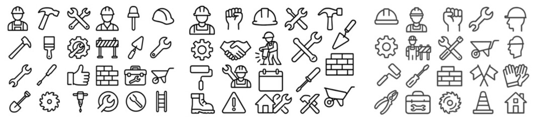 Leinwandbilder - Construction and maintenance tools and workers illustrated in a detailed icon collection for project planning and management