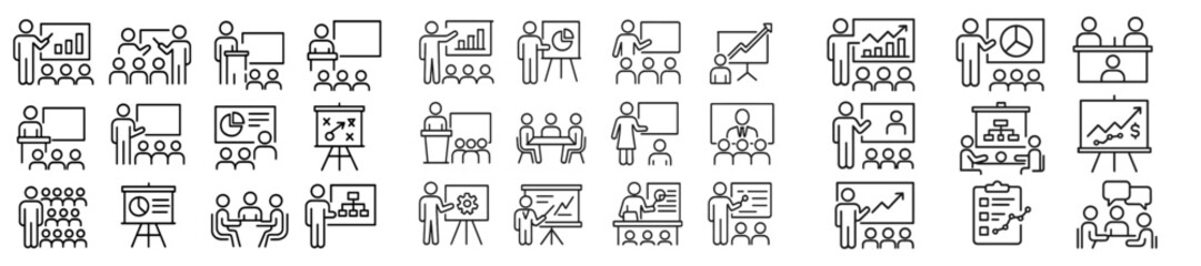 Poster - Various business icons illustrating team collaboration and presentation activities for project management or analysis