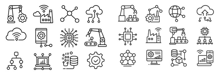 Aufkleber - Icons representing industrial automation and technology in a modern factory setting with various components and processes illustrated