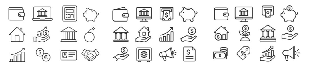 Poster - Financial icons representing various aspects of banking, investment, and savings in a modern digital style