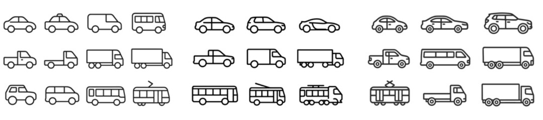 Aufkleber - Line art illustrations of various types of vehicles including cars, trucks, and buses in a minimalist style suitable for design projects