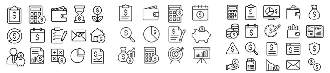 Poster - Business finance icons in black and white illustrating various financial concepts and activities in a minimalist style