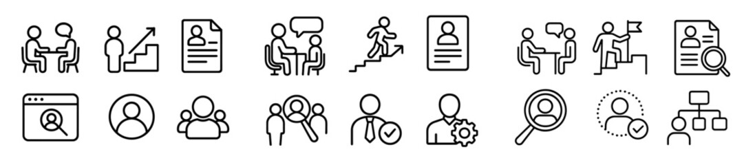 Aufkleber - Business concepts illustrated through icons showcasing various aspects of teamwork, communication, and recruitment in a modern workspace environment