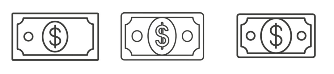 Poster - Different designs of dollar bills displayed in simple outlines showcasing their unique features and symbols of currency