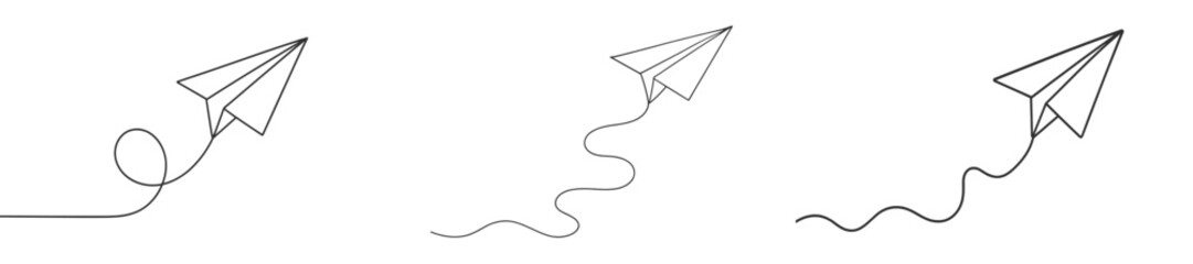 Poster - Creative designs of paper airplanes showcasing various flight paths and trajectories in black line art