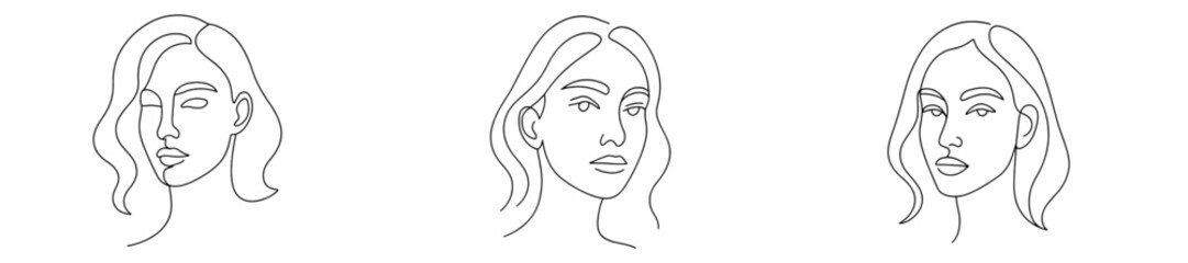 Fototapete - Elegant line art representation of three female faces showcasing different angles and expressions