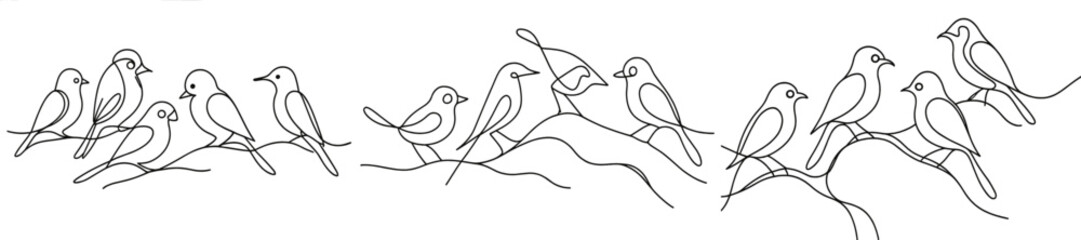Poster - Various birds perched on branches in a minimalistic line art design showcasing nature's beauty