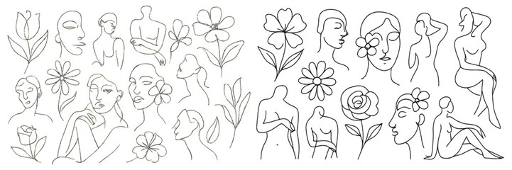 Aufkleber - Artistic line drawings of figures and flowers capture elegance in minimalism, showcasing beauty and nature in harmonious compositions