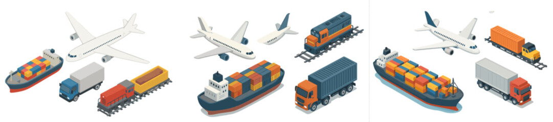Aufkleber - Transportation systems featuring airplanes, ships, trucks, and trains in a modern logistics environment